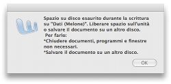 L'incredibile errore! Finestrella che avverte la fine dello spazio su disco.